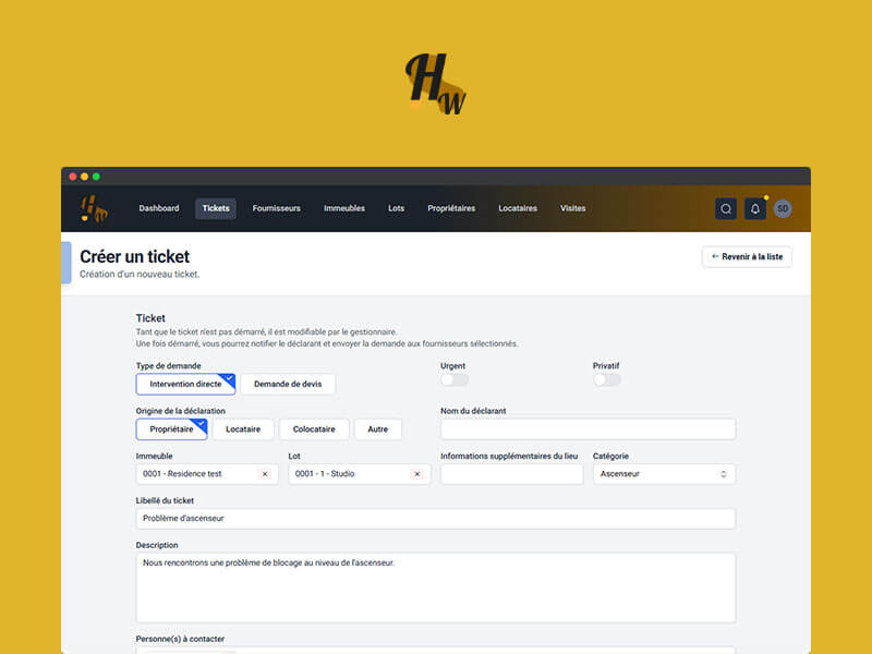 exemples pages creation ticket intervention